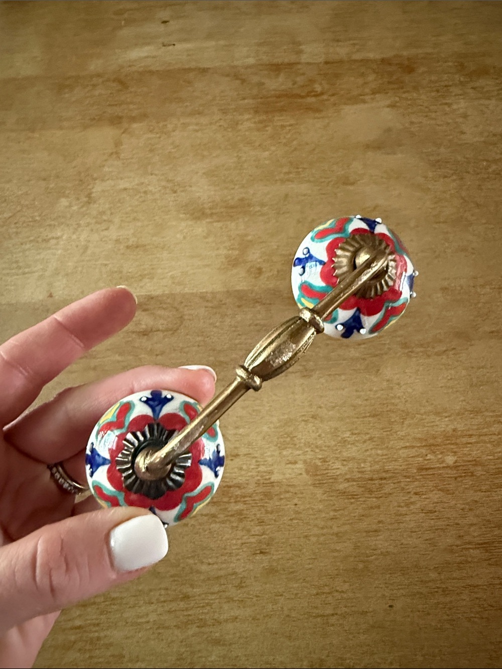 Decorative Ceramic and Brass Drawer Pull - Colorful Floral Design
